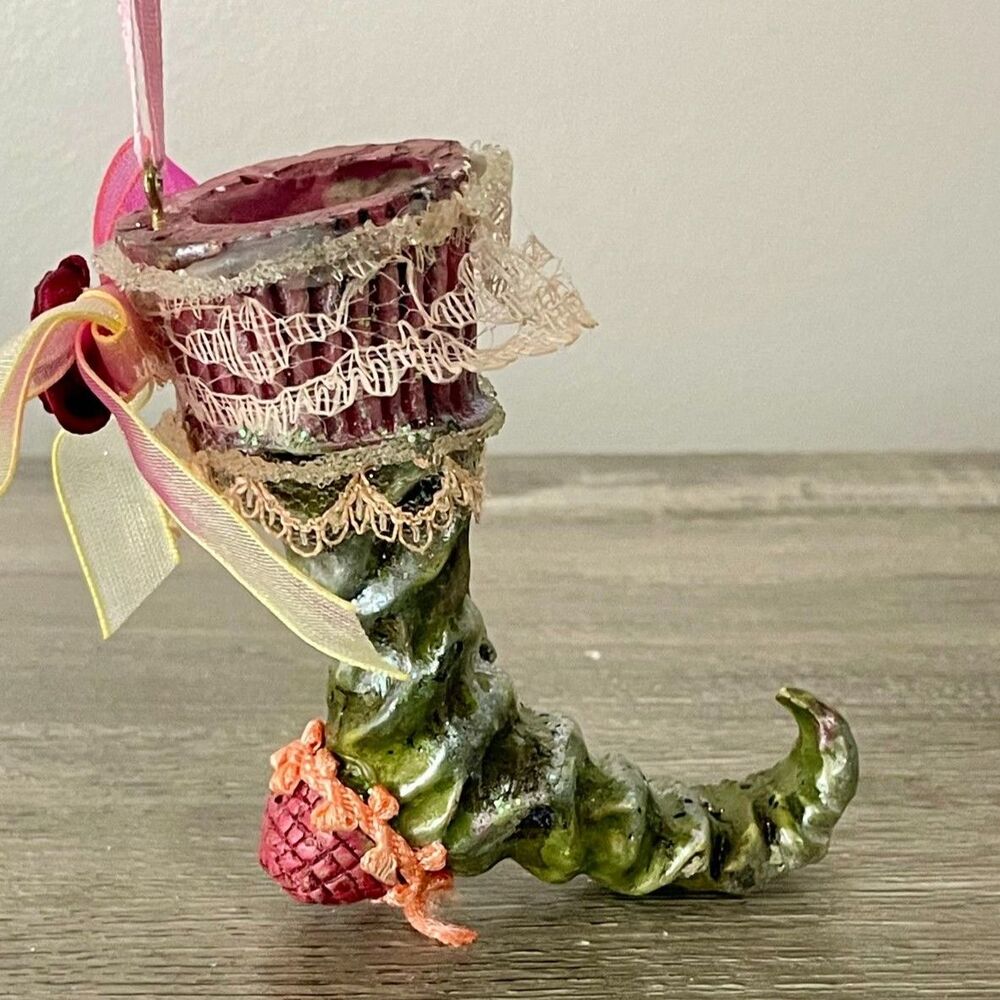 Vintage Style Elf Boot Christmas Ornament Lace Ribbon Rose Glitter 4"